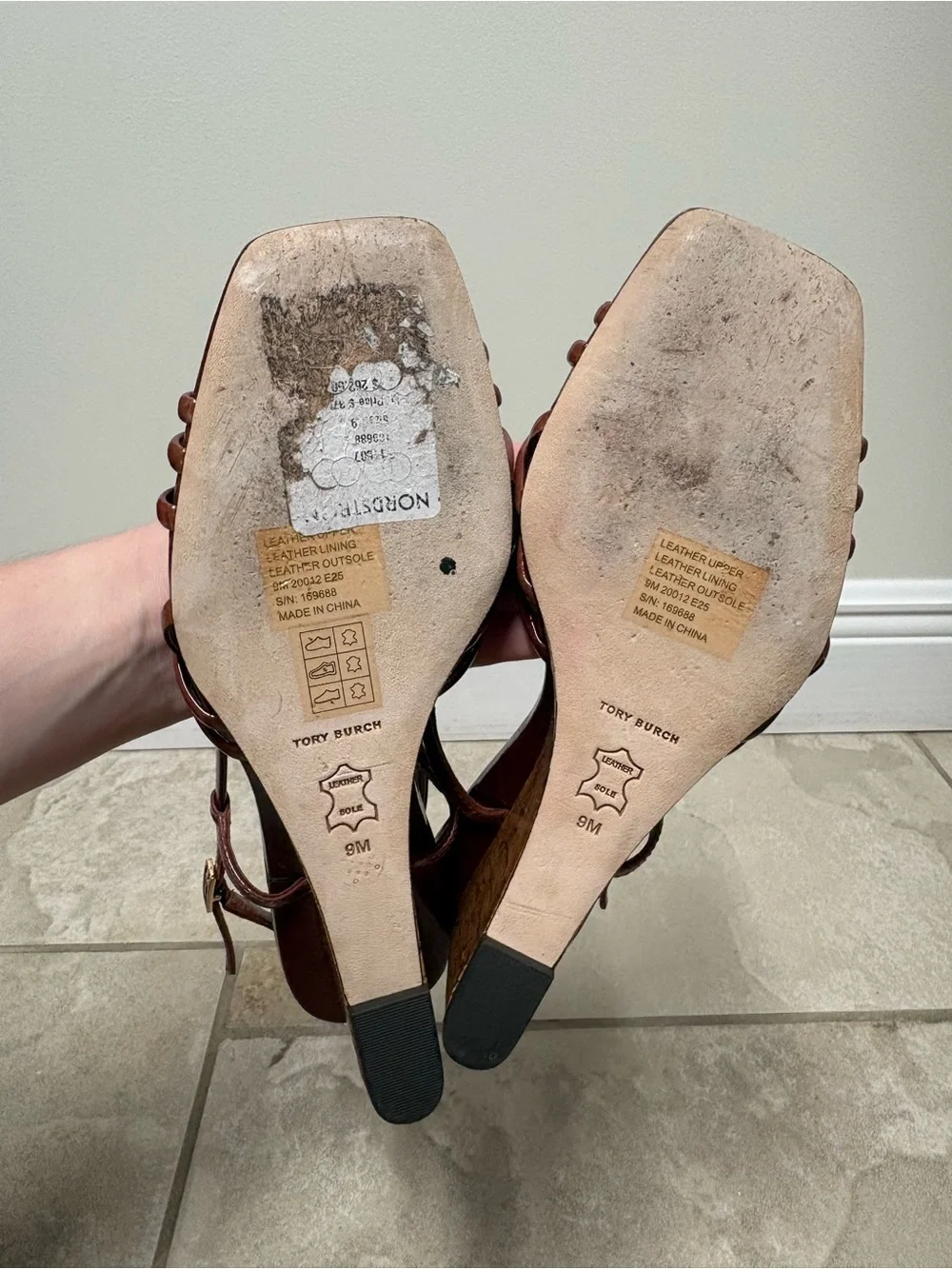 Tory Burch Burgundy Patent Leather Strappy Cork Wedge Sandals